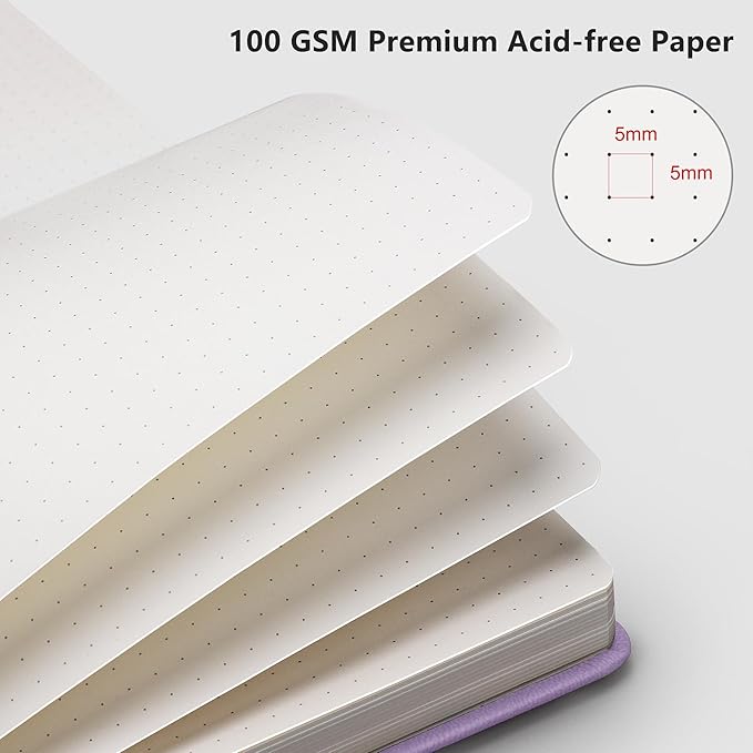 RETTACY Bullet Dotted Journal Notebook, 192 Pages, A5 Medium Size (5.7'' x 8.3''), Leather Hardcover, 100 GSM Thick Paper, for Bullet Journaling, Planning, Tracking (Purple)