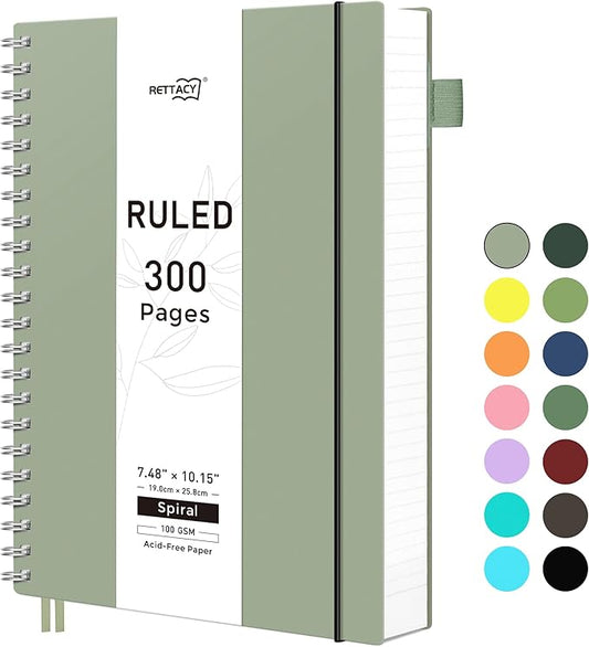 RETTACY Spiral College Ruled Notebook, 300 Pages, B5 Medium Size (7.4" x 10"), for School, Work, Writing, Journaling, 100 GSM Thick Paper, Flexible Plastic Cover (Light Green)