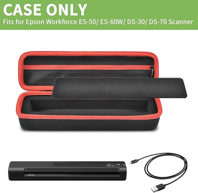 ALKOO Case Compatible with Epson Workforce ES-50/ ES-60W/ ES-55R/ ES-65WR/ DS-30/ DS-70/ DS-80W Portable Sheet-Fed Document Scanner, Storage for Epson Scanner for PC and Mac- Black (Box Only)
