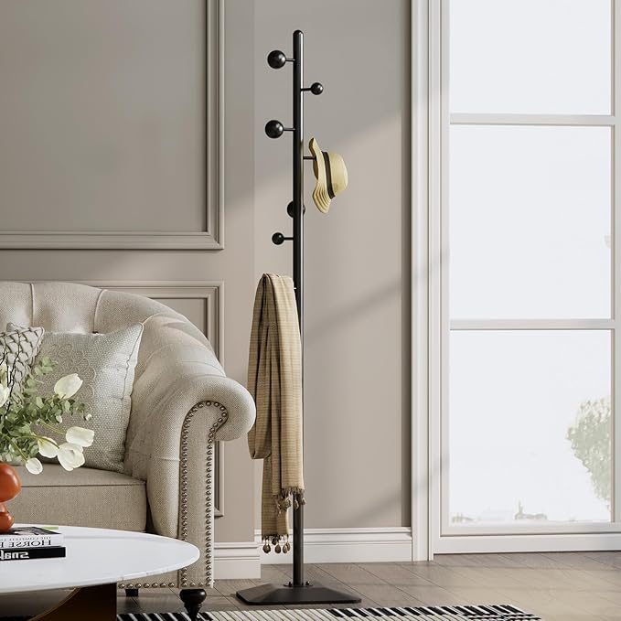 Metal coat rack stand with geometric shape metal base,Heavy duty coat rack freestanding with 7 ball hooks,Coat racks tree hats hanger holder stand for entryway, hallway, bedroom