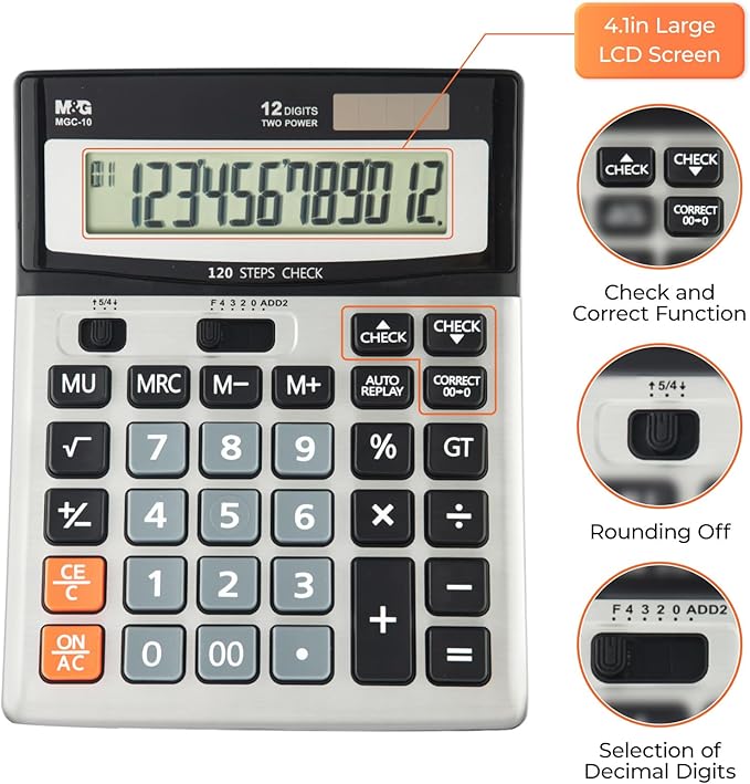 M&G Desk Calculator 12 Digit Extra Large LCD Display Calculators with Check & Correct, Dual Solar Power and Battery, Multi-Functional Financial Office Business Calculator with Big Buttons