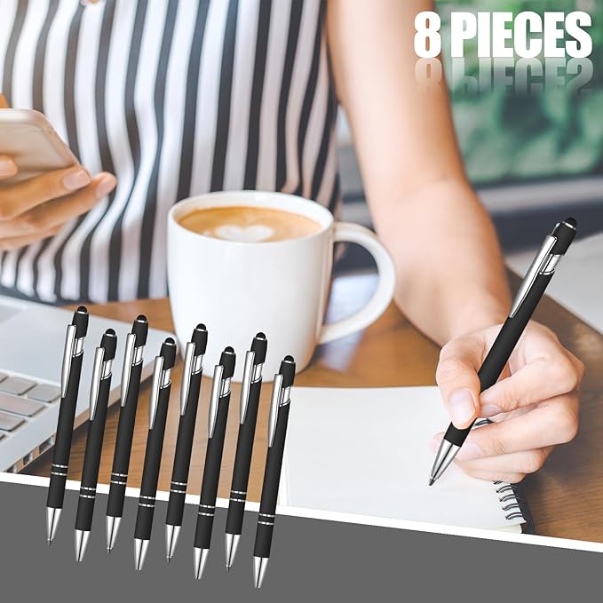 8 Pcs Blue Ink Ballpoint Pen with Stylus Tip 2 in 1 Stylus Ballpoint Pen Metal Pens Stylus Pen for Touch Screens School Office Coworkers (Black)