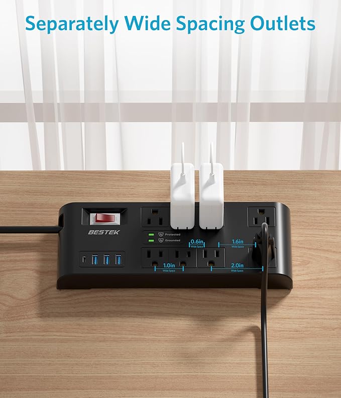 BESTEK 4,000 Joules Surge Protector with USB,6 Feet Extension Cord Power Strip with 8 AC Outlets 15A 1875W,5V 4.2A 4 USB Charging Ports Desktop Charging Station,Wide Spaced Outlet for Large Plug,Black