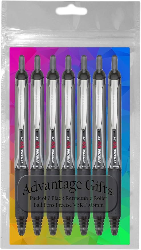 Precise V5 RT Retractable Rolling Ball Pens, Extra Fine Point (.5mm), Black Ink, 7-pk; Premium Comfort Grip, Bundle with Plastic Reusable Pouch