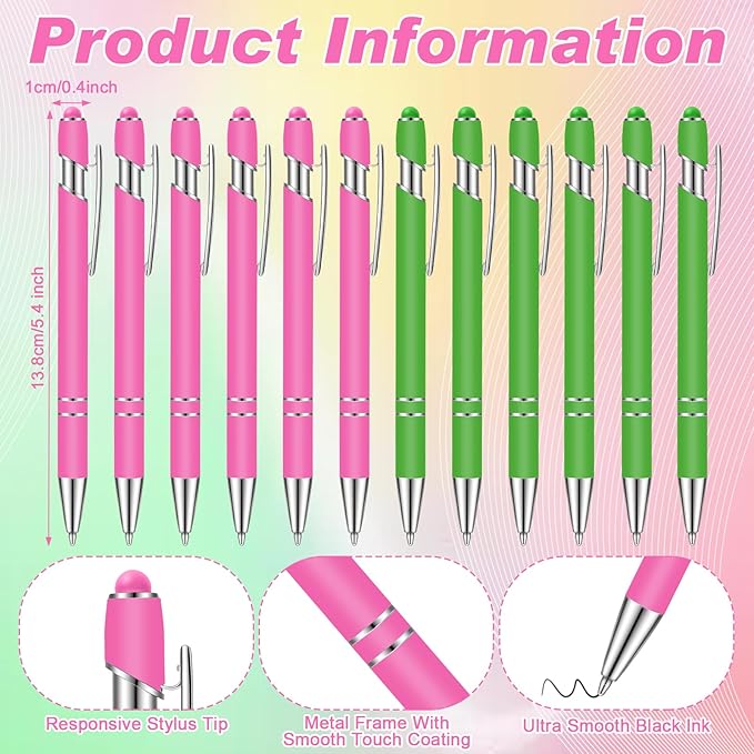 Tenare 12 Pieces 2 in 1 Stylus Metal Ballpoint Pen with Stylus Tip, 1.0 mm Black Ink Ballpoint Pen for Touch Screens (Green and Hot Pink)