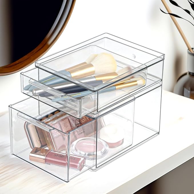 Set of 2 Stackable Storage Drawers - 6.7" Clear Plastic Drawer Storage, Acrylic Makeup Organizer, Desk Counter Cabinet Office Organizer, Bathroom Organizers and Storage (Modern/Set of 2)