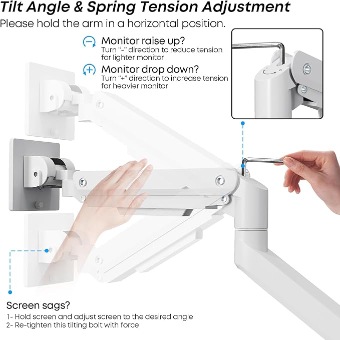 Premium Heavy Duty Monitor Arm for 17 to 49 inch Screens up to 44lbs, Fully Adjustable Ultrawide Single Clamp-on Desk Mount Stand, VESA 75x75/100x100mm (White)