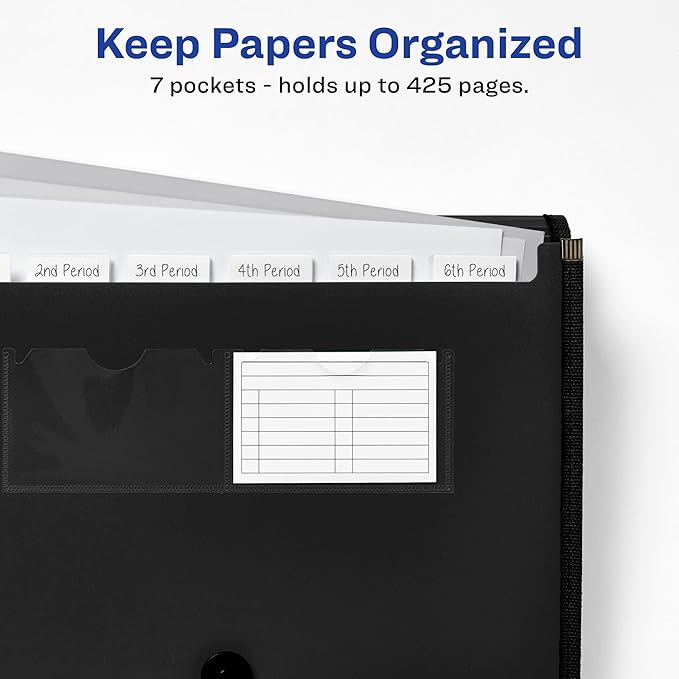 Avery Expanding File Folder Organizer, 7-Pocket Accordion File Organizer, Black, Holds 425 Letter/A4-Size Sheets (73550)