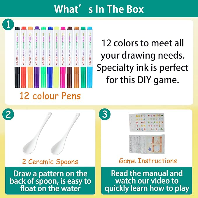 Magical Drawing Pens for Kids Water, Kiddies Create Magical Floating Drawings Bundle, 12 Colors Magic Water Painting Marker Set with 2 Spoons, Water Art Pen Kit for DIY Tattoo, Gifts for Boys & Girls