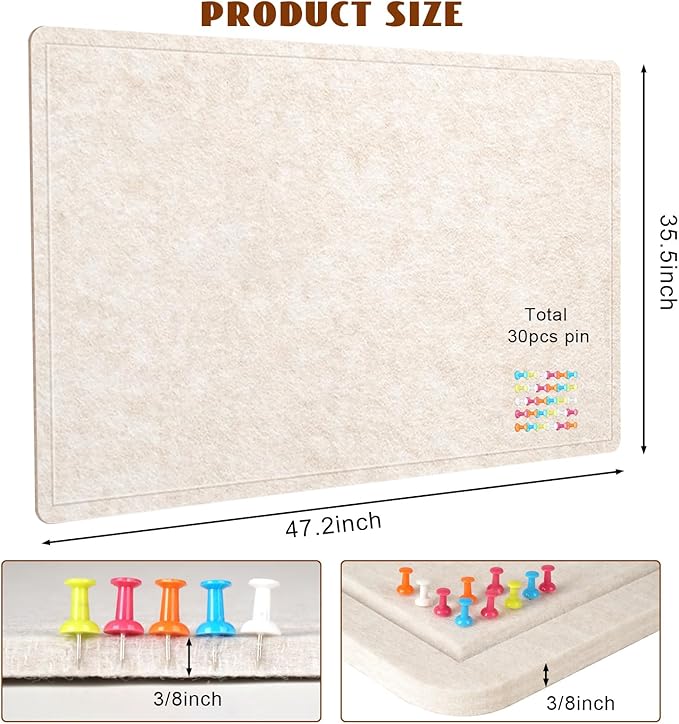 Large Bulletin Board, 48 X 36 inches Felt Board Notice Pin Board, 4' x 3'Cork Board Alternative for Wall, Self-Adhesive Vision Board Mood Board Foldable Photo Board with 30 Pushpin (Oatmeal)