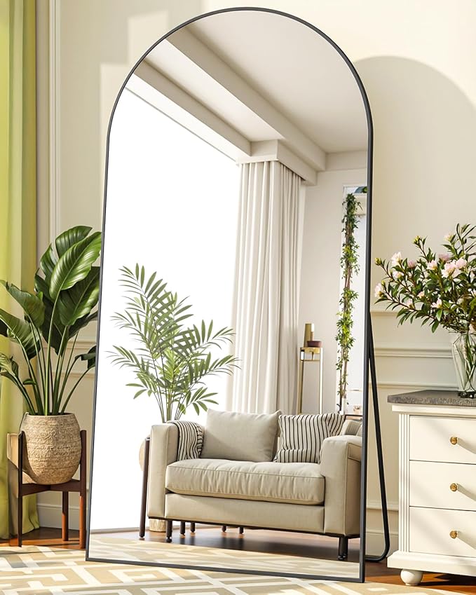 Full-Length Floor Mirror with Stand, 78"x38" Arched Style Full Body Standing Mirror for Bedroom, Living Room, Gym, Dorm - Shatter-Resistant & Easy Assembly, Black