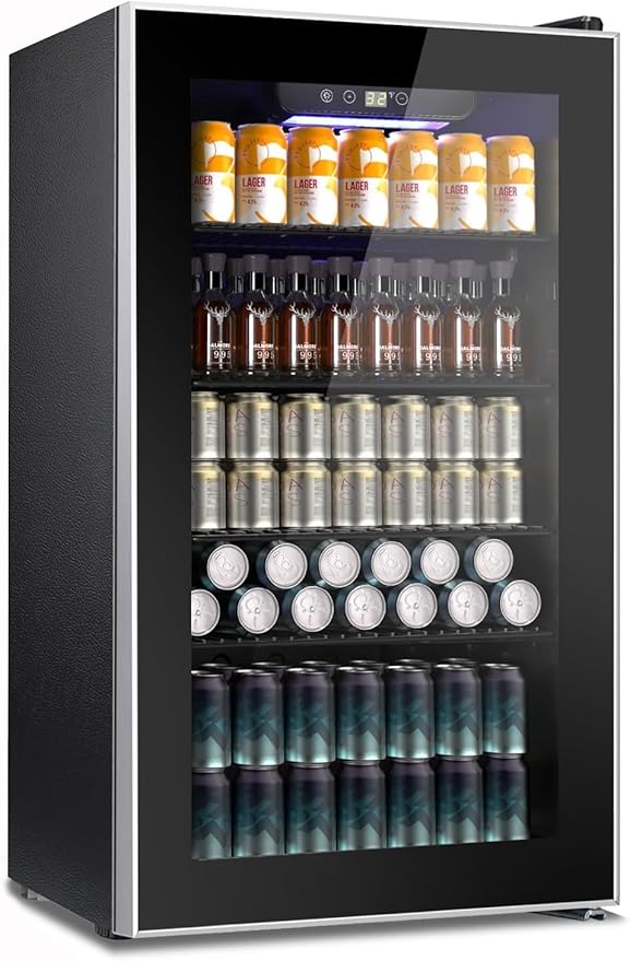 Kndko Beverage Refrigerator Cooler - 130 Can Mini Fridge with Adjustable Shelves, Glass Door, Digital Temperature Control, LED Lighting, Energy Efficient for Home, Office, Bar - 3.2 Cu.Ft, Black