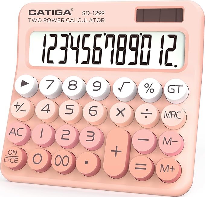 CATIGA Mechanical Switch Calculator with Solar and Battery Dual Power, 12-Digit Large LCD Display, Aesthetic and Cute Desktop Calculator with Big Button, for Home, School and Office Use, SD-1299