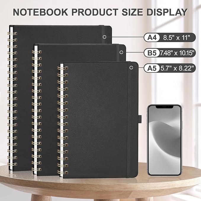 AHGXG Lined Spiral Notebook Journal for Women, 140 Pages Hardcover Leather Notebook College Ruled, A5 5.7" x 8.3", 100 GSM Thick Paper, Notebooks for School Work, Journals for Writing, Black