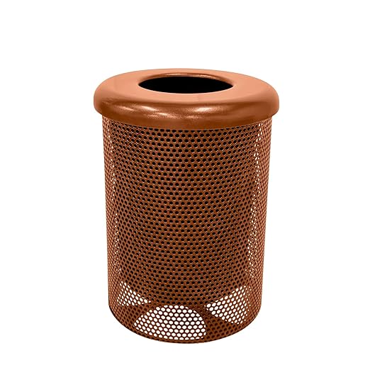 32-Gallon Heavy-Duty Punched Steel Round Trash Receptacle, Commercial Outdoor Waste Bin with Liner & Black Flat Top Lid – Made in America (Textured Copper)