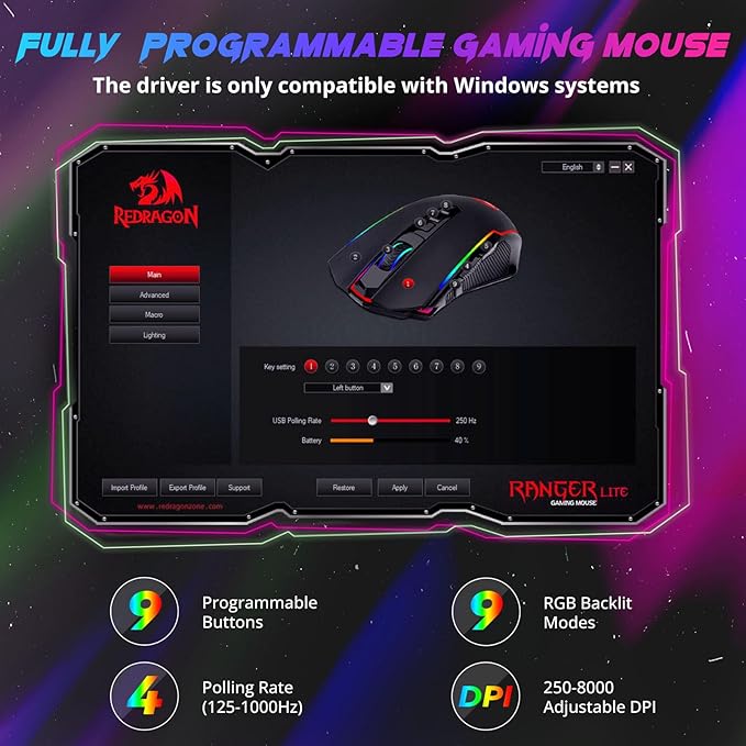 Redragon Gaming Mouse, Wireless Mouse Gaming with 8000 DPI, PC Gaming Mice with Fire Button, RGB Backlit Programmable Ergonomic Mouse Gamer, Rechargeable, 70Hrs for Windows, Mac Gamer, Black