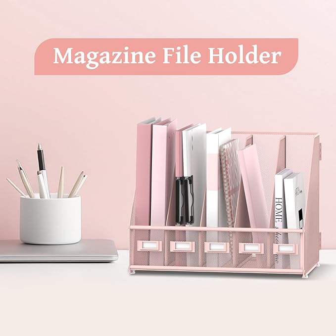 SUPEASY Desk Organizers Metal Desk Magazine File Holder with 5 Vertical Compartments Rack File Organizer for Office Desktop, Home Workspace, Pink