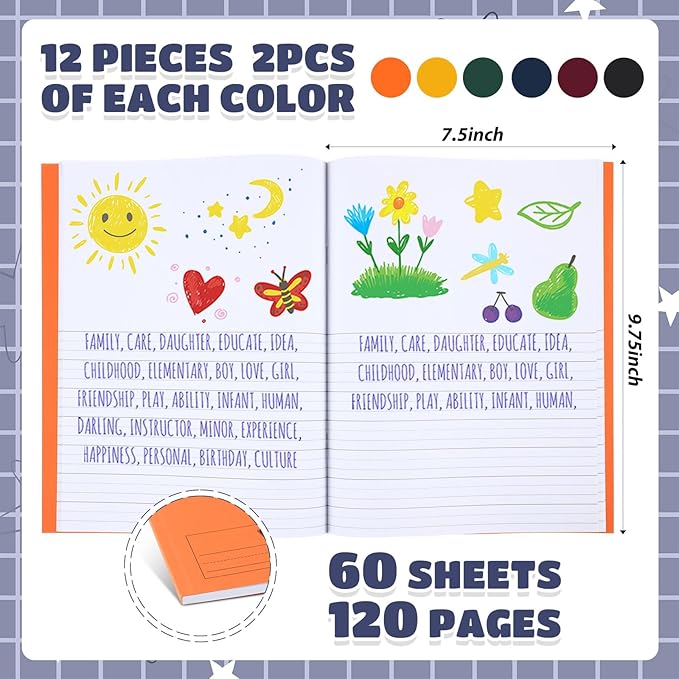 Henoyso 12 Pcs 120 Pages Primary Composition Notebooks K-2 9 3/4 x 7 1/2 Inch Journals Primary Journals Blank Books for Kids to Write Stories Kindergarten (Dark Color)