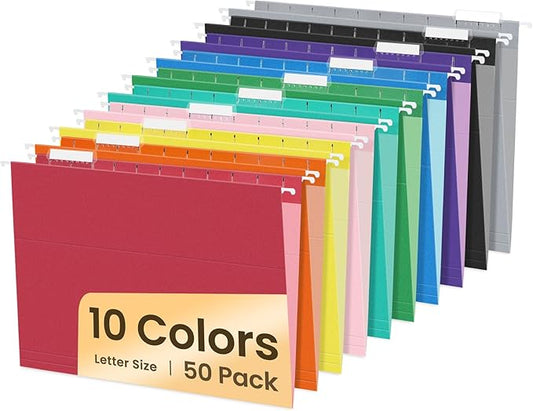 SUNEE Hanging File Folders, 50 Pack Letter Size Hanging File Folders with 1/5-cut Tabs, Stay Organized for Your Home and Office Bulk File, Documents and Paper,10 Assorted Colors