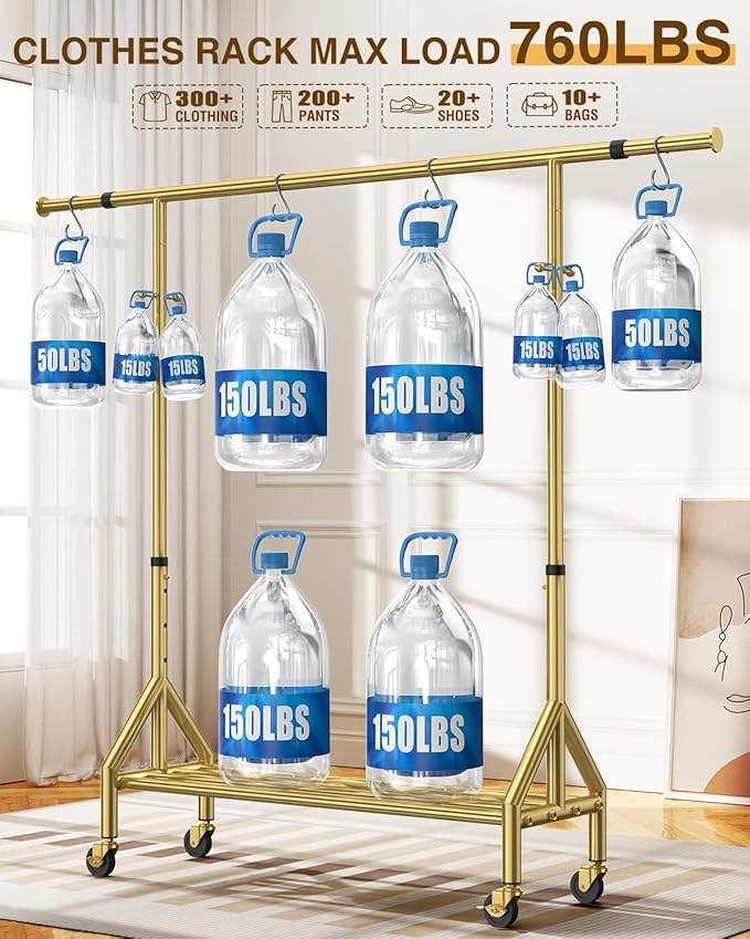 Upgraded 100% Stainless Steel Clothing Rack Load 760LBS, Heavy Duty Clothes Racks with Larger & Sturdy Wheel, Extendable & Adjustable Rolling Garment with Shelves (1 Single Rod, Gold)