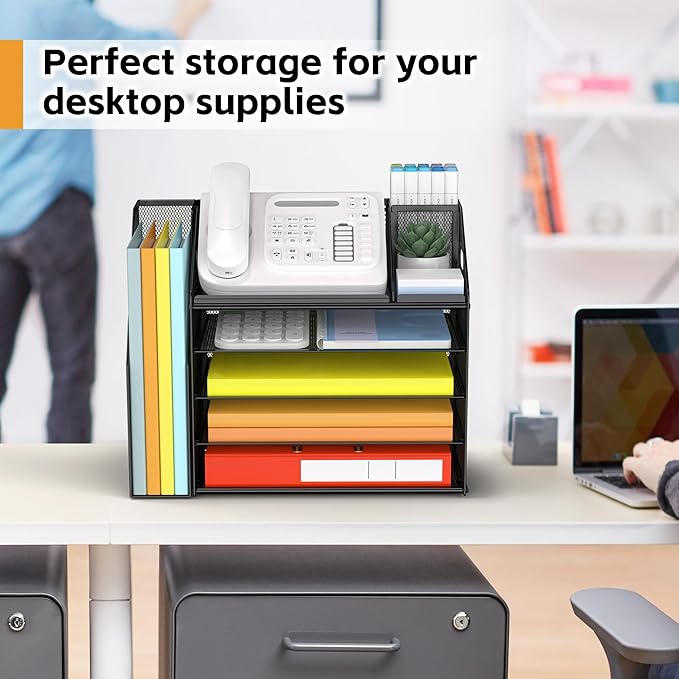 DocNest 5 Tier Paper Letter Tray File Organizer, Mesh Desk File with Handle, Workspace Desk Organizers with Pen Holder, Office Organization Storage Accessories - Black