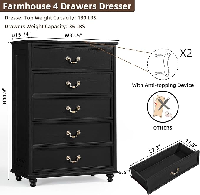 Farmhouse 5 Drawer Dresser for Bedroom, 45" Tall Rustic Chests of Drawers w/ 4 Solid Wood Feet, Mid Century Modern Wooden Closet Storage Dressers Organizer for Living Room, Hallway, Black