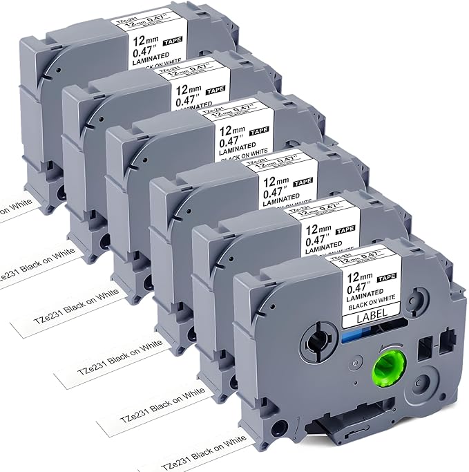 Label Maker Tape Refill 12mm 0.47 Laminated White Replace for Brother P-Touch Label Tape TZe TZ TZe-231 TZe231 Compatible with Brother P Touch PTD210 PTD220 PTH110 PTH111, Black on White, 6 Pack