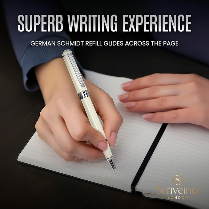 Scriveiner Ivory Rollerball Pen - Stunning Luxury Pen With Chrome Finish, Schmidt Ink Refill, Best Roller Ball Gift Set for Men & Women, Professional, Executive Office, Nice Pens