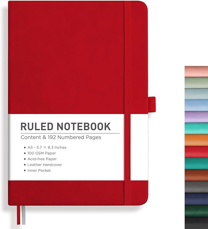 RETTACY Lined Journal Notebook, 192 Numbered Pages, A5 Medium Size (5.7'' x 8.3''), for Men & Women, Journaling, Writing, Work & Office, Leather Hardcover, 100 GSM Thick Paper (Red)