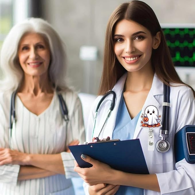 Ghost Badge Reel Retractable Ghost Carrying Basket Badge Clip with Maple Leaves Designs Acrylic Halloween ID Name Holder Clip for Nurse, Teacher, Student, Hospital, Office Worker Name Tag