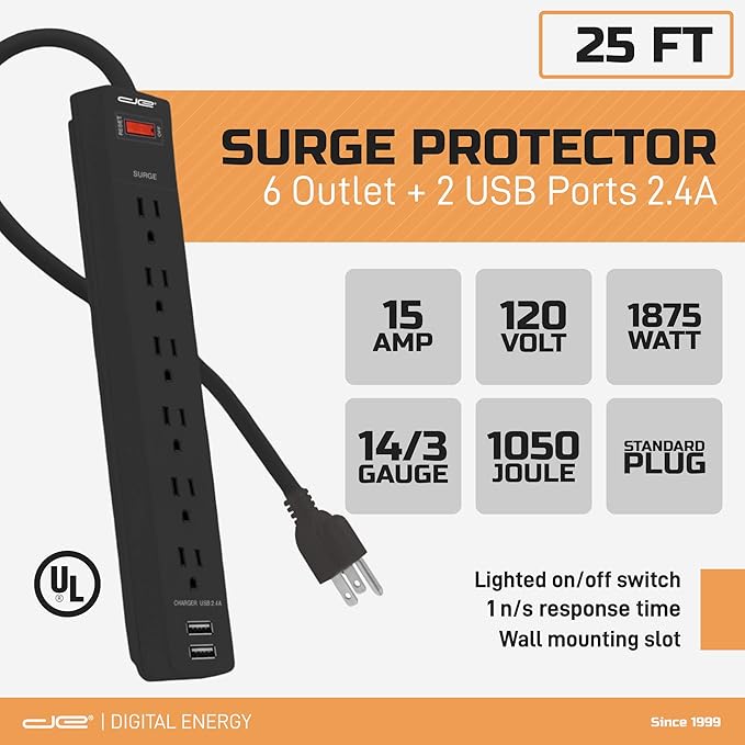 Digital Energy 6-Outlet + 2 USB 1050 Joule Surge Protector Power Strip with 25-Ft Long Extension Cord, Black, UL Listed