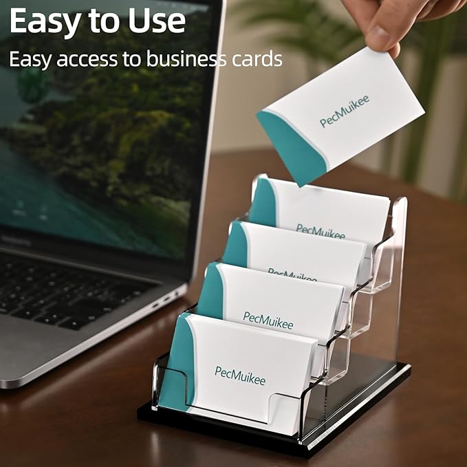 PecMuikee Business Card Holder for Desk，Acrylic Business Card Display Stand,Multiple Business Card Holders for Office, Exhibition, Home, Restaurant (4 Slot)