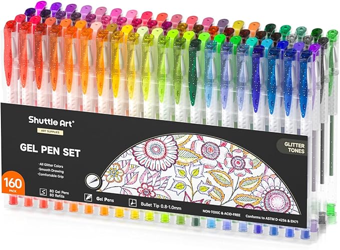 Shuttle Art 160 Pack Glitter Gel Pens, 80 Colors Glitter Gel Pens Set with 80 Refills for Adults Coloring Books Drawing Crafts Scrapbooking Journaling