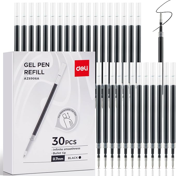 deli Gel Pen Refills, 30 Pcs Retractable Pen Refills Black Ink, Medium Point 0.7mm, Smooth Writing, Fast Dry, No Bleed for Journaling Note Taking, Home School Office Supplies