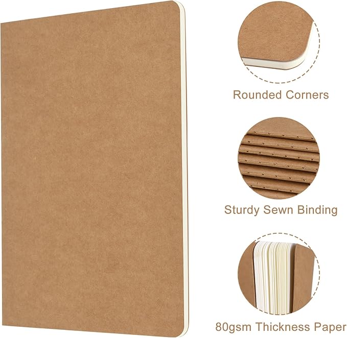 ZCZN 5 Pack A5 Kraft Notebooks Bulk, 8.15x5.5 Inches Lined Paper Journaling Notebooks, Notebooks for Work, Composition Notebooks for School, Journal Notebooks for Office, 60 Pages