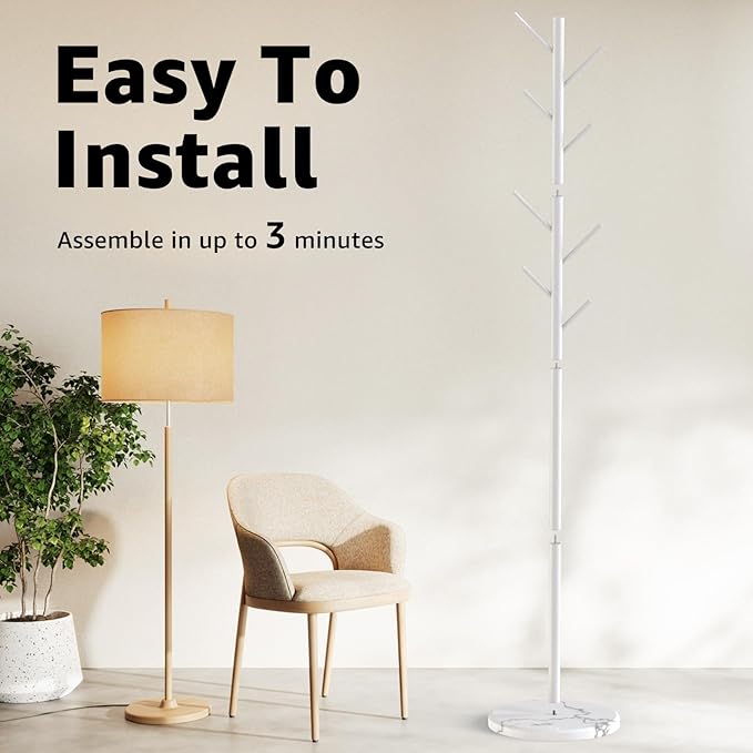 Coat Rack with Natural Marble Base, Metal Freestanding Coat Rack with 8 Hooks, 3 Adjustable Size Sturdy Coat Tree for Bags, Coats, and Hats for Entryway, Hallway, Bedroom, Office, White