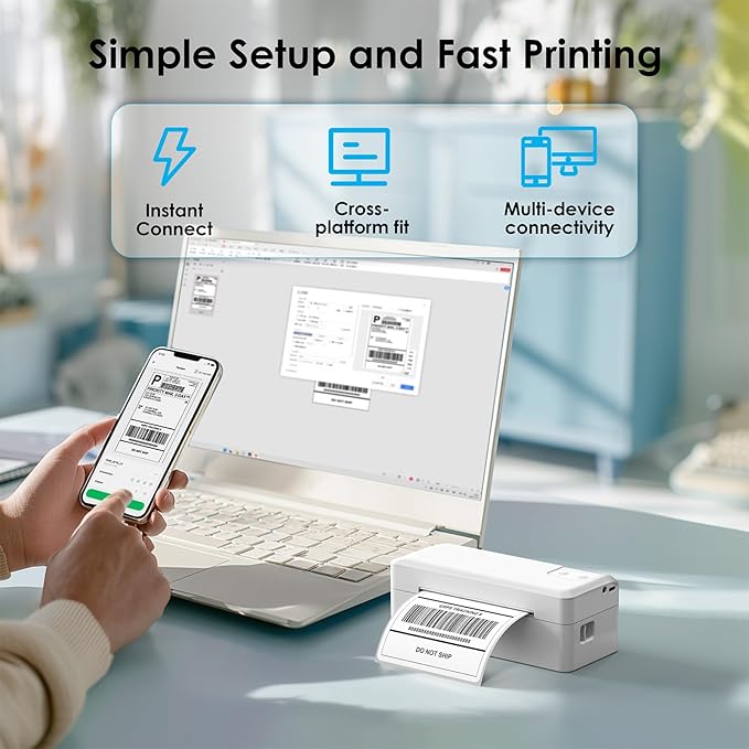 Shipping Thermal Label Printer, 4x6 Portable Label Printer, Bluetooth Label Maker for Small Business, Support iPhone,Android,Windows,Mac,Chromebook,Works with USPS, Ebay,Shopify&More, White