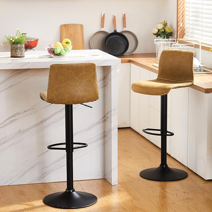 HeuGah Bar Stools Set of 3, Swivel Counter Height Barstools with Back, Adjustable Height 24" to 32", Whiskey Brown Faux Leather Bar Chairs for Kitchen Island (Whiskey Brown, Set of 3 (24'' to 32''))