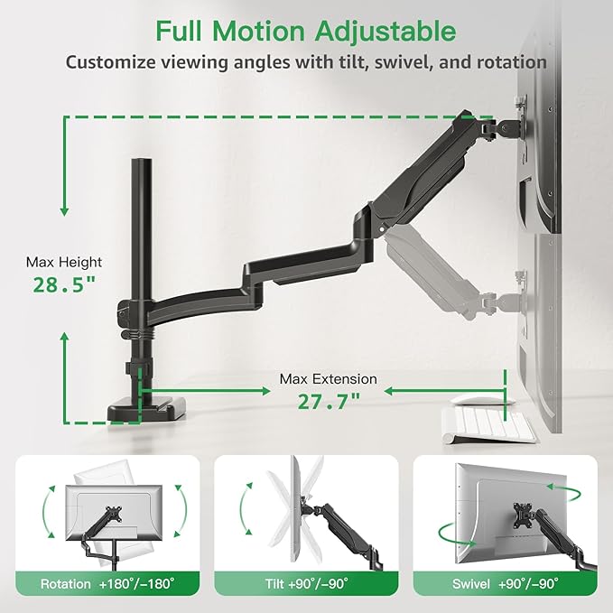 MOUNT PRO Single Long Monitor Arm, 13 to 32 inch Computer Monitor Desk Mount, Extra Long Adjustable Screen Stand, Tall Display Mount with Tilt, Swivel, Rotation, Hold up to 19.8lbs, VESA 75/100mm