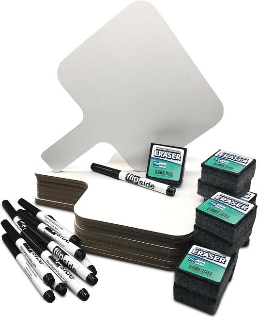 Flipside Products Rectangular Dry Erase Answer Paddle w/Dry Erase Markers and Erasers, 36 Pieces, Auction, Handheld Whiteboard, Handle Response Board, Classroom Dry Erase, Set of 12