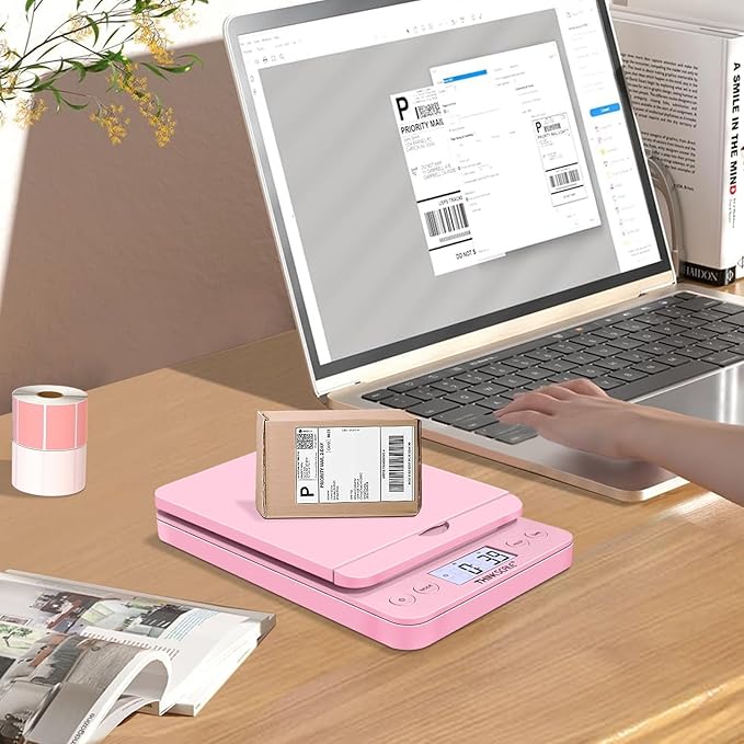 THINKSCALE Shipping Scale, 86lb/0.1oz Postal Scale-Candy Pink Style, Hold/Tear Function, Flip up Holder Postage Scale, Digital Scale for Packages Small Business and Mails, Battery & AC Adapter