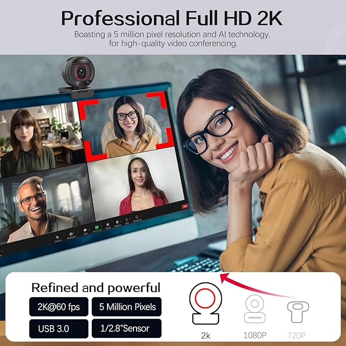 Angetube AI Webcam for PC - 1080p/2K@60FPS HD Web Camera with Remote Control, 8X Digital Zoom Webcam, Privacy Cover, TOF Auto Focus, HDR, USB 3.0 Web Cam Work with Zoom, Skype,Teams, Windows,Mac