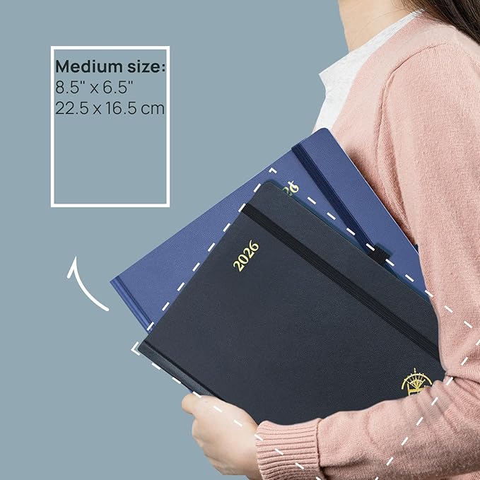 POPRUN 2026 Planner (Medium Size 8.5''x 6.5'' Hardcover) - Daily Weekly and Monthly Calendar Agenda 2026 Appointment Book with Hourly Time Slots, Monthly Tabs, 100 GSM - Navy Blue