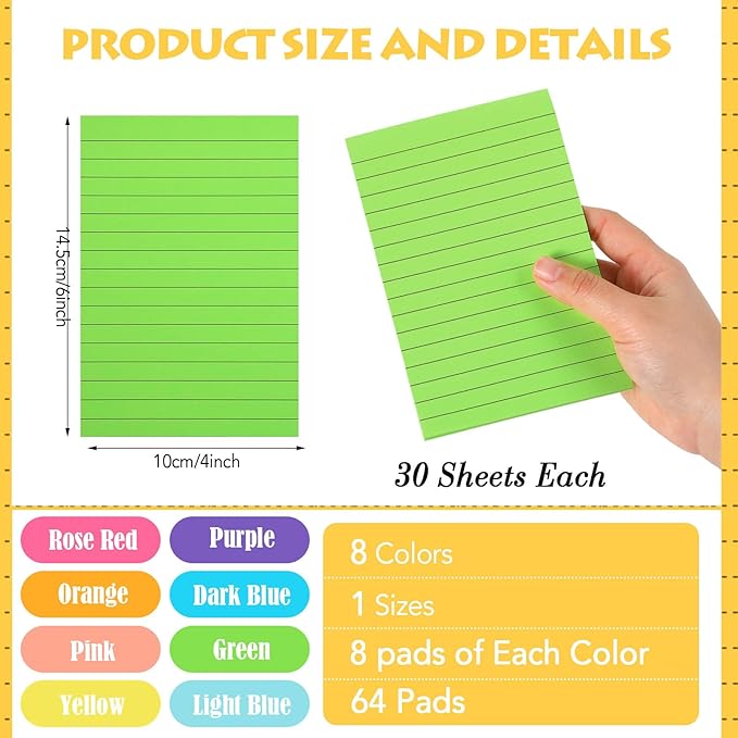 Yexiya 64 Pcs Lined Sticky Notes Self Stick Notes with Lines Bright Assorted Colors Sticky Pad for Home Office Products Post Memos, 1920 Sheets(4 x 6 Inch,Classic Color)