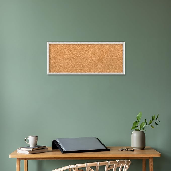 Amanti Art Natural Cork Board for Wall, 13x31 Vision Board with White Frame, Medium Corkboard Office Decor for Home Organization, Modern Corkboard Pinboard to Display Items for Home Organization in