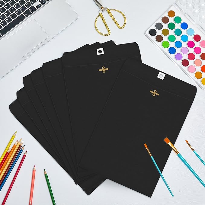 Geyee 100 Pcs Clasp Manilla Envelopes 9 x 12 Inch Gummed Colored Envelopes for Storing or Mailing for Home Office Business Supplies(Black)