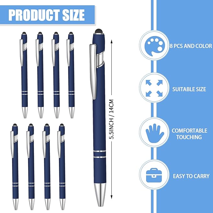 8 Pcs Blue Ink Ballpoint Pen with Stylus Tip 2 in 1 Stylus Ballpoint Pen Metal Pens Stylus Pen for Touch Screens School Office Coworkers (Navy Blue)