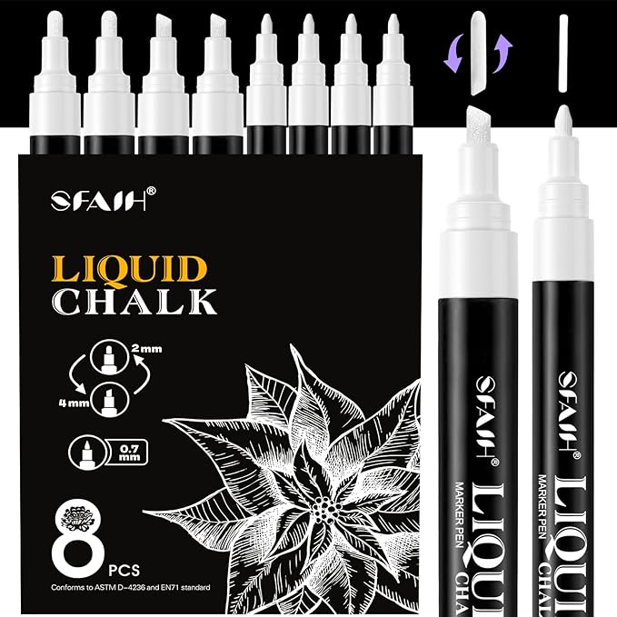 SFAIH White Liquid Chalk Marker Pen - 8 Wet Erase Chalkboard Markers for Blackboard, Signs, Windows, Glass, 4.5-6mm Reversible Tip & 0.7-1mm Fine Tip