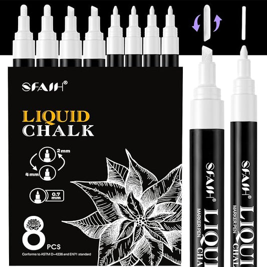 SFAIH White Liquid Chalk Marker Pen - 8 Wet Erase Chalkboard Markers for Blackboard, Signs, Windows, Glass, 4.5-6mm Reversible Tip & 0.7-1mm Fine Tip
