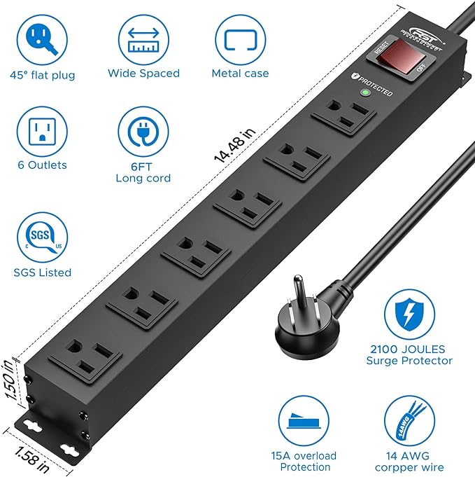 CRST 2Pack 6 Outlet Heavy Duty Power Strip with Switch, 15A/1875W Metal Mountable Power Strip Surge Protector 2100Joules, Wide Spaced Power Bar for Garage Worshop Home School, 6 FT Cord(Black)